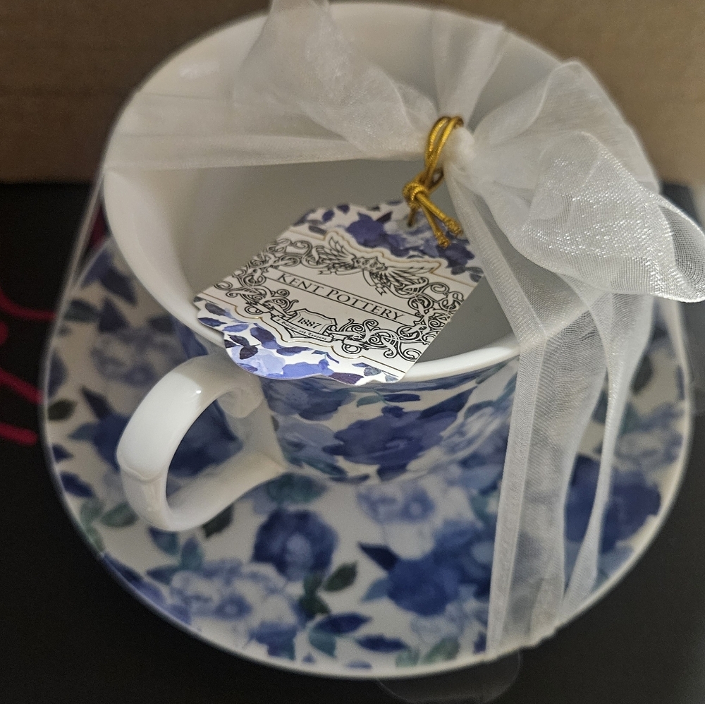 Kent Pottery Floral Blue and White Teacup and Saucer Set